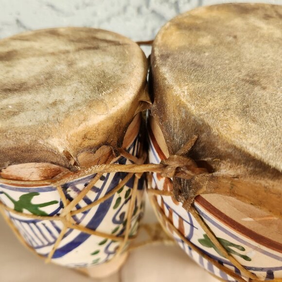 Moroccan Hand-Painted Ceramic Bongo Drums with Goat Hide – Handmade Folk Art - Picture 11 of 16